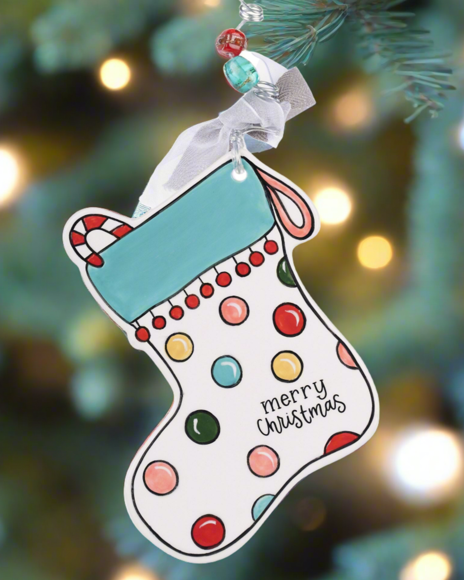 Christmas Cheer All Year Colorful Stocking Flat Ornament by Glory Haus Personalize Polkadot Stocking with Ribbon Beads and Candy Cane
