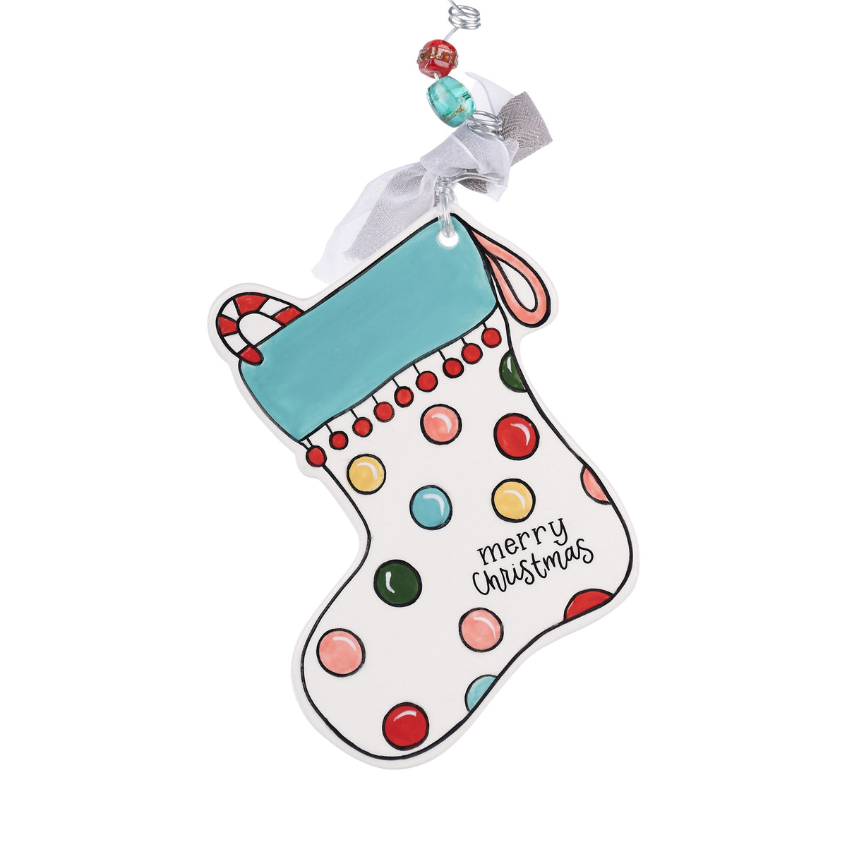 The Canton Christmas Shop Colorful Stocking Flat Ornament by Glory Haus Personalizeable Stocking with Ribbon Beads and Candy Cane on white