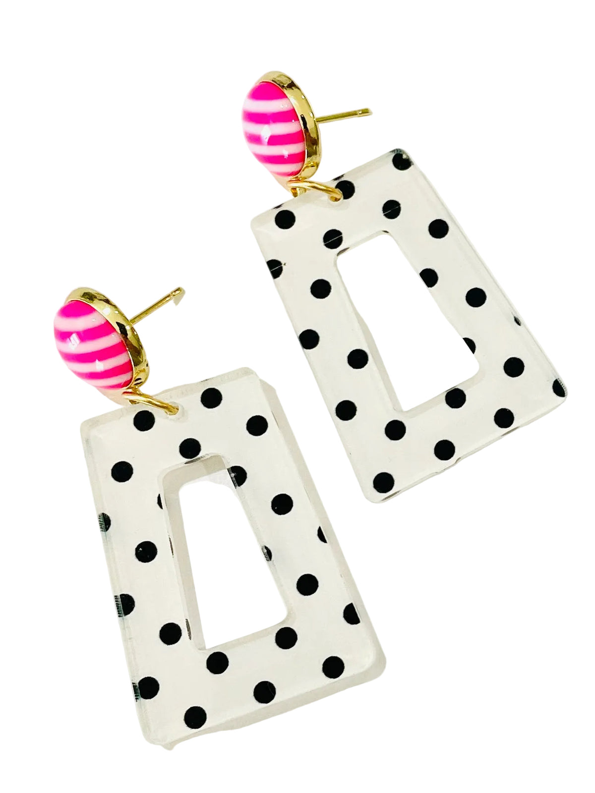 Christmas Cheer All Year pair of geometric drop earrings featuring white rectangular acrylic shapes with black polka dots, connected by gold-toned posts topped with pink and white striped beads.