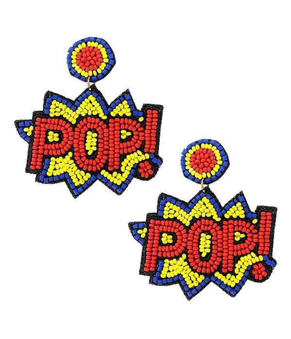 Colorful 'POP!' themed superhero earrings in bold yellow, red and blue