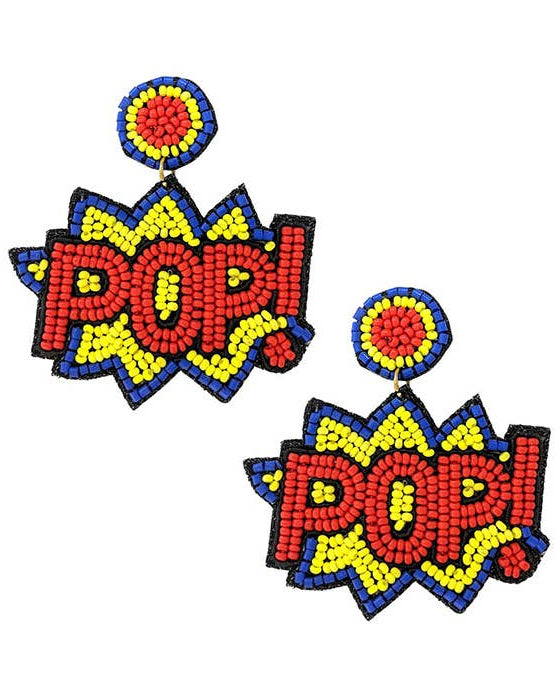 Colorful 'POP!' themed superhero beaded earrings in bold yellow, red and blue