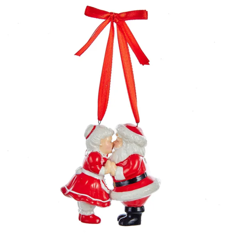 Christmas Cheer All Year Porcelain Kissing Santa and Mrs. Claus With Red Ribbon Hanger Ornament J7745