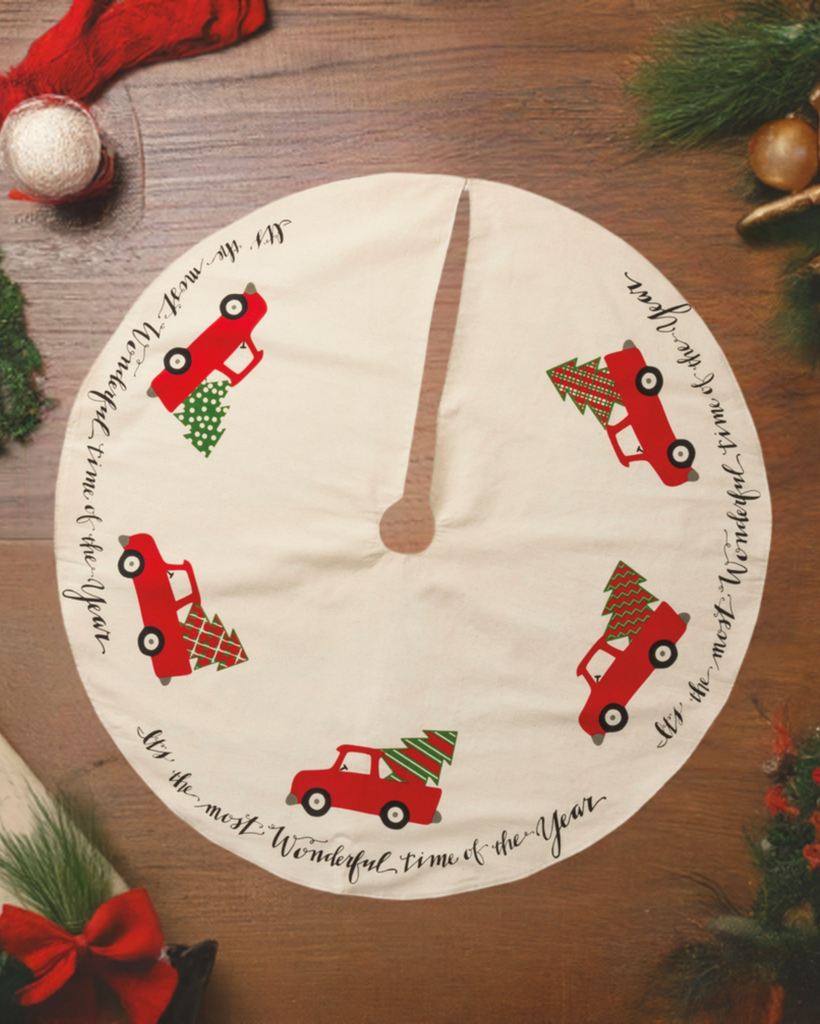 Christmas Cheer All Year Its the Most Wonderful Time of the Year Red Truck Tree Skirt Primitives by Kathy on floor