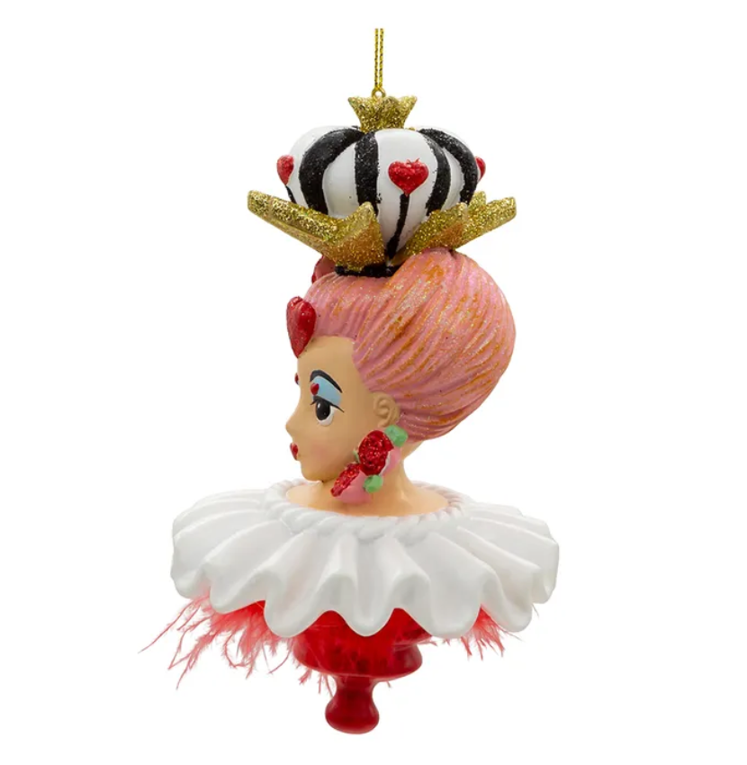 Decorative Queen of Hearts Holly Hat ornament resembling a character with pink hair, red heart, and crown on a white background Christmas Cheer All Year