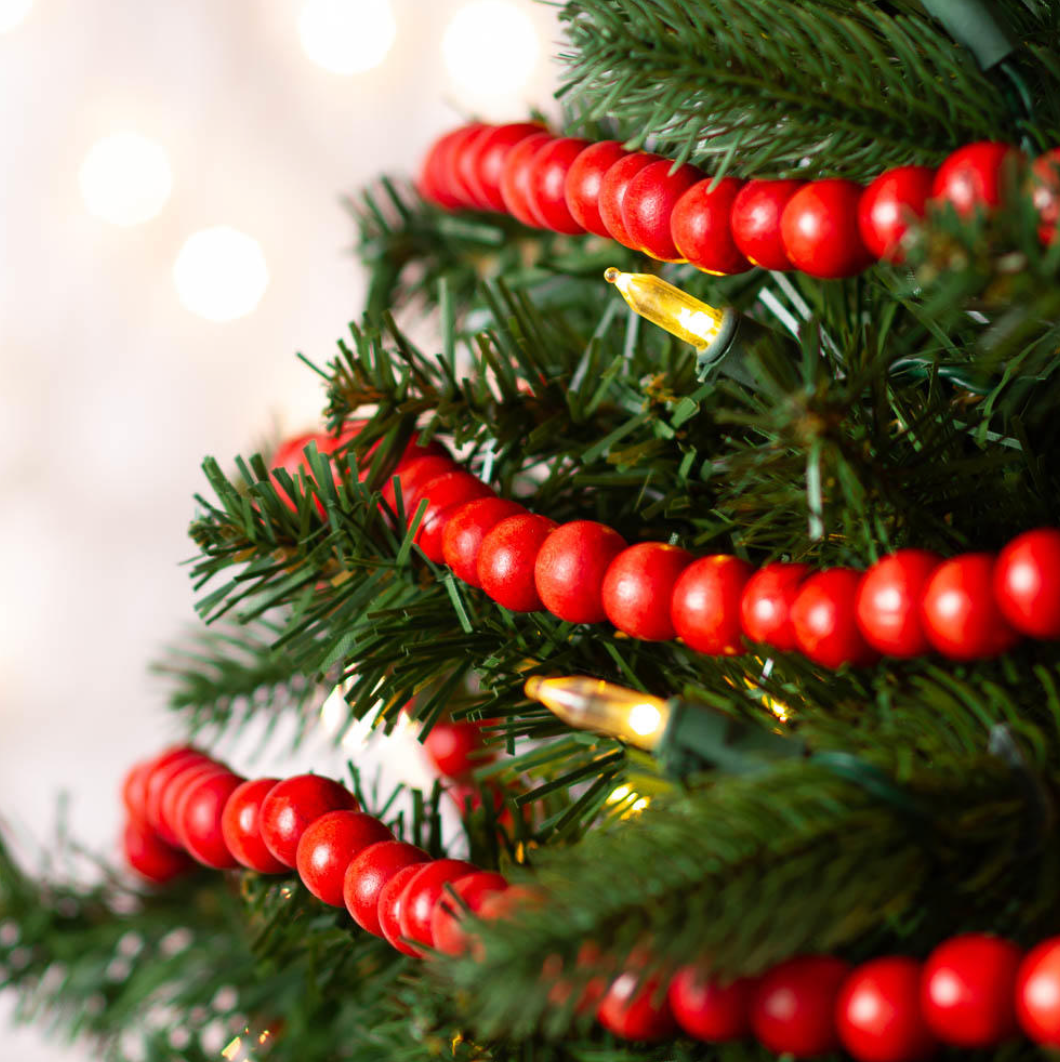 9' Red Wood Beaded Garland for Christmas Tree at Christmas Cheer All Year