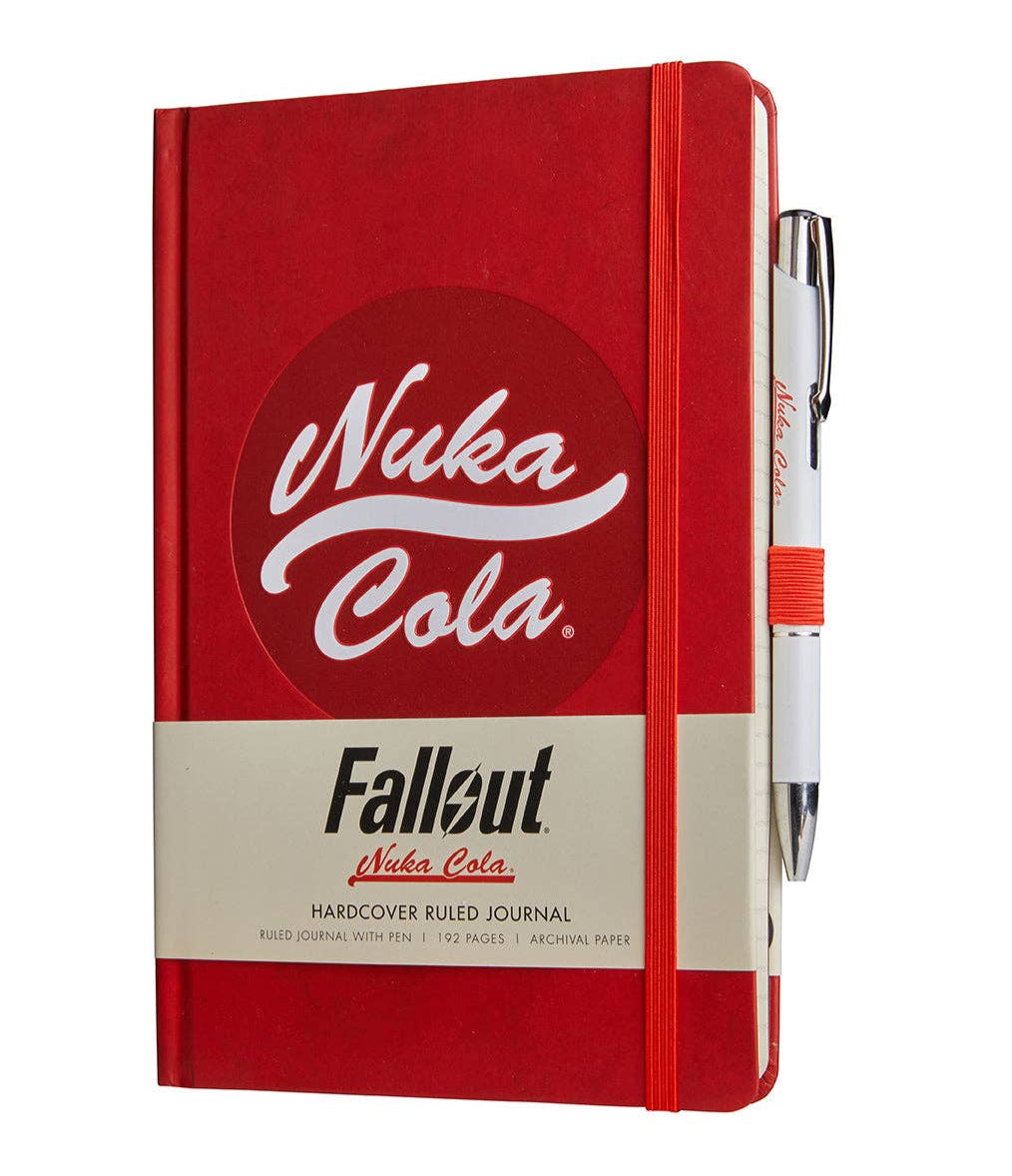 Red Fallout Hardcover Ruled Journal with Nuka Cola logo on cover and a pen on a white background Christmas Cheer All Year