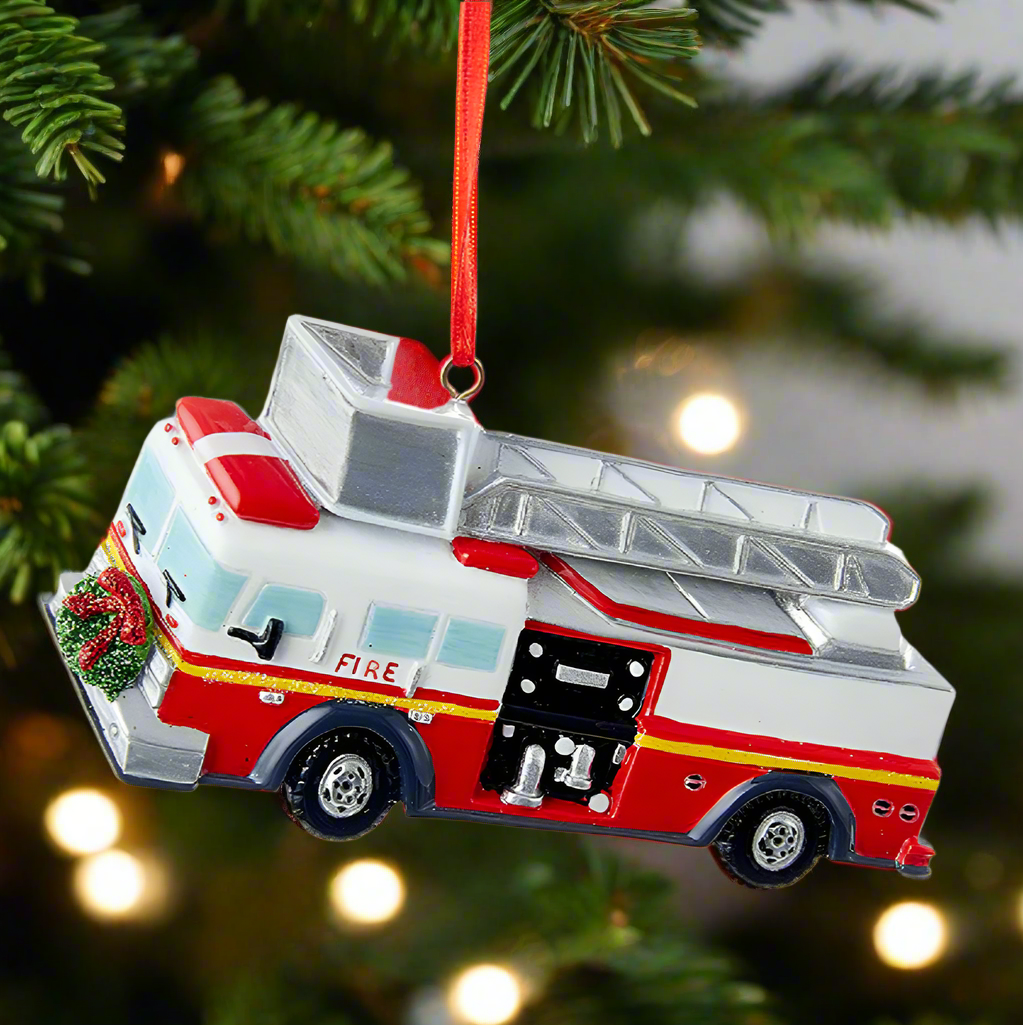 The Canton Christmas Shop Red Firetruck Ornament w8212 by Kurt Adler hanging on Christmas tree personalize it