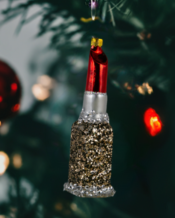 Christmas Cheer All Year Cody Foster & Co. Red Lipstick Glass Boxed Gift Ornament 