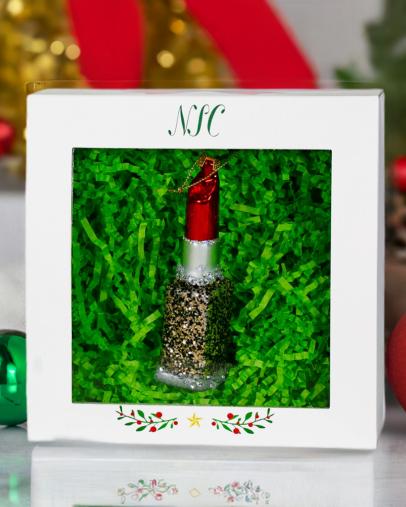 Christmas Cheer All Year Cody Foster &amp; Co. Red Lipstick Glass Boxed Gift Ornament 