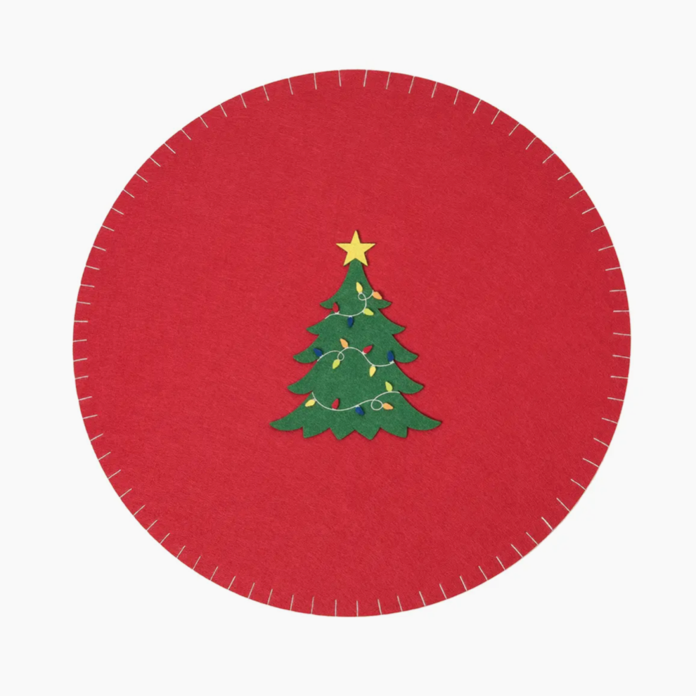 The Canton Christmas Shop Red Round Felt Placemat with Christmas Tree in Center