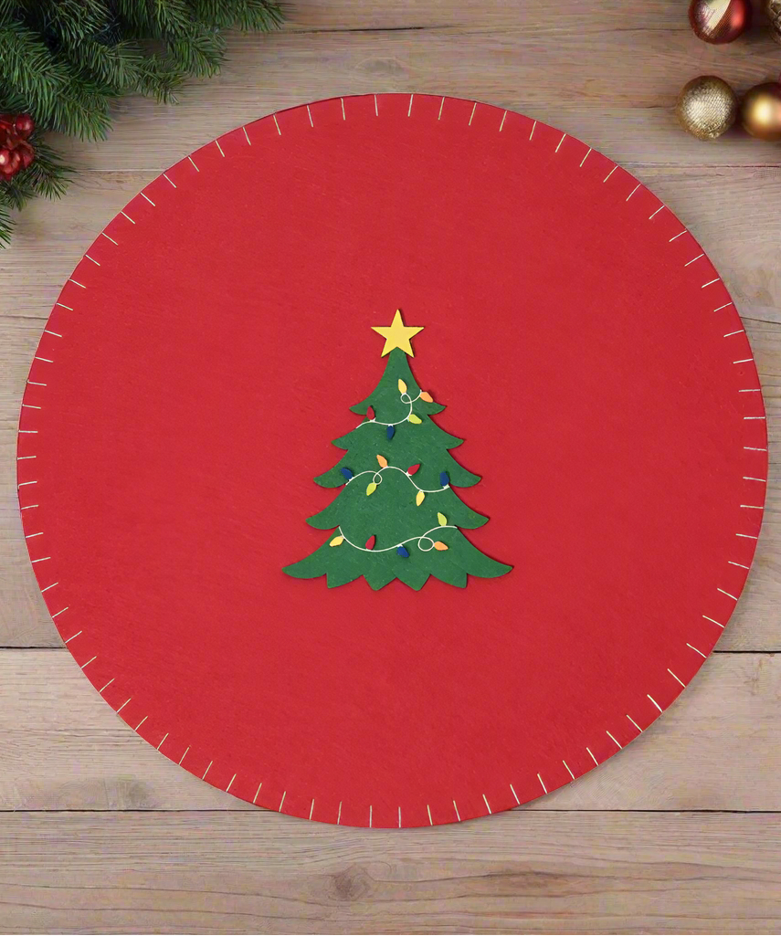 The Canton Christmas Shop Red Round Felt Placemat with Christmas Tree in Center