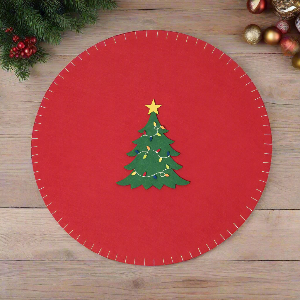 The Canton Christmas Shop Red Round Felt Placemat with Christmas Tree in Center