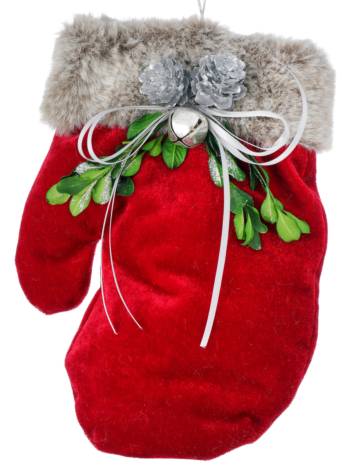 The Canton Christmas Shop Red Velvet Oversized Fur Mitten Ornament and Decor with Bow Bell Branches and Pinecones