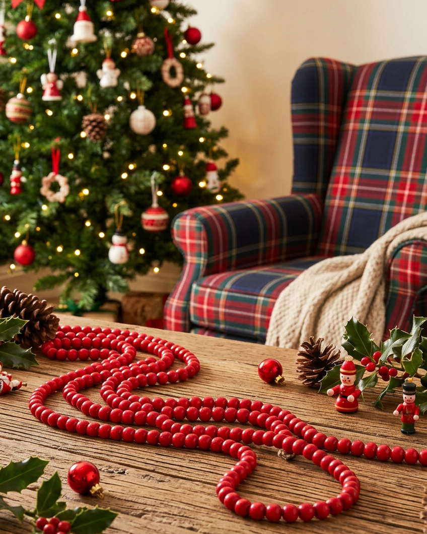 Christmas Cheer All Year Kurt Adler 9 foot red wooden beaded garland