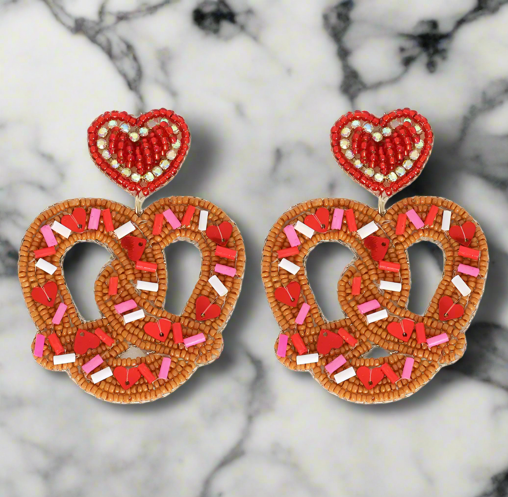 Christmas Cheer All Year Red and Pink Pretzel Heart Beaded Earrings Valentines Day