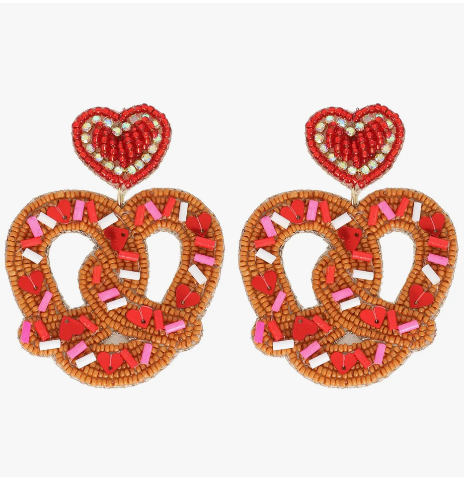 Christmas Cheer All Year Red and Pink Pretzel Heart Beaded Earrings Valentines Day