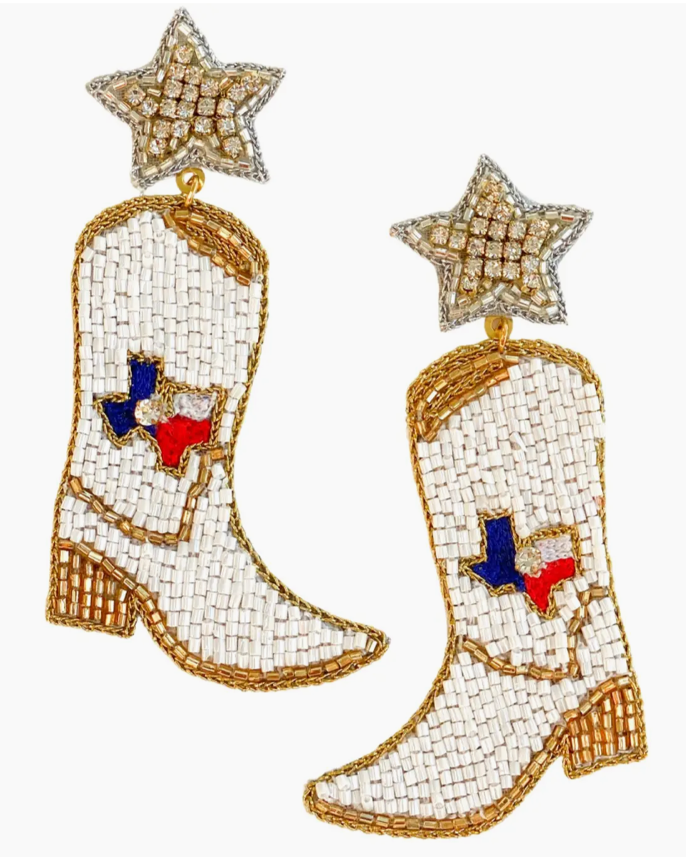Christmas Cheer All Year Rhinestone Cowboy Boot State of Texas Beaded and Jeweled Star Red White Blue and Gold Earrings