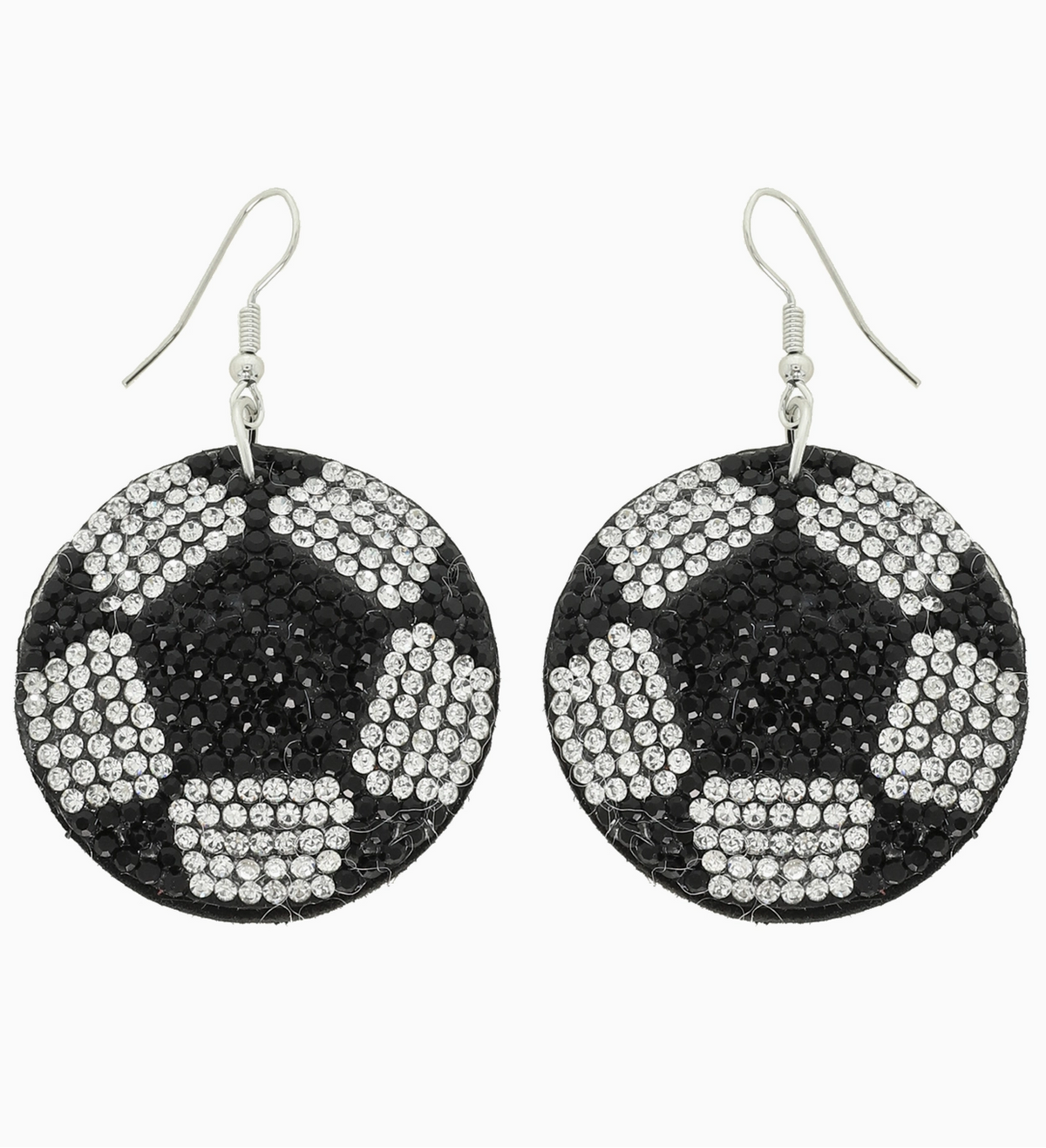 Christmas Cheer All Year round soccer ball earrings with black and silver rhinestone details with silver hooks