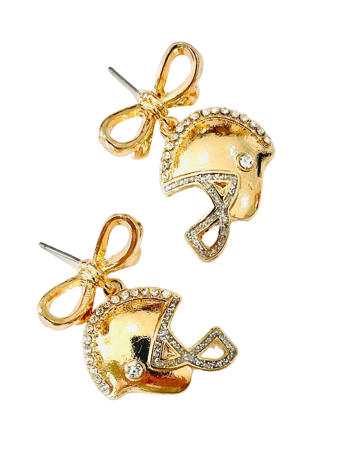 Christmas Cheer All Year pair of gold-toned football helmet stud earrings with rhinestone accents and that dangle from a gold bow post.