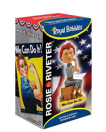 Box of Royal Bobbles Rosie the Riveter bobblehead figure with patriotic design.