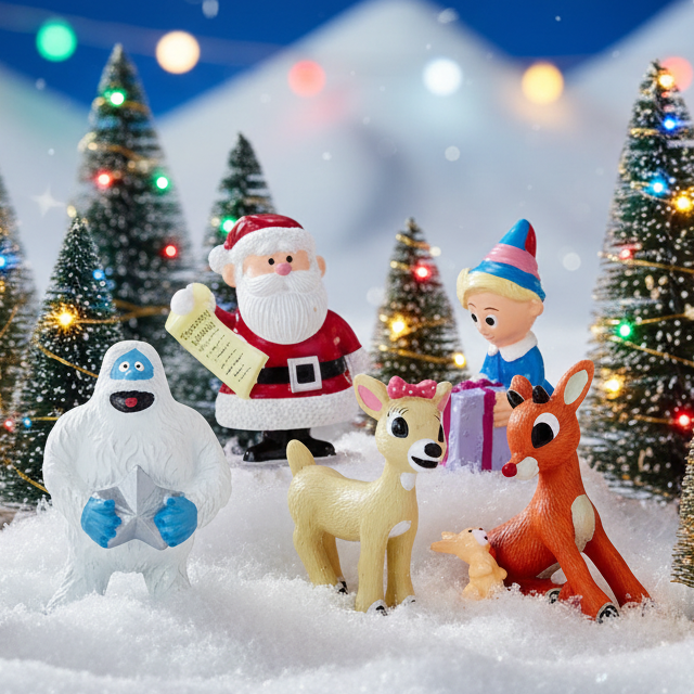 Christmas Cheer All Year holiday scene with Santa Claus, Rudolph, Clarice, Hermey, Bumble, and other characters in a snowy landscape with decorated trees.