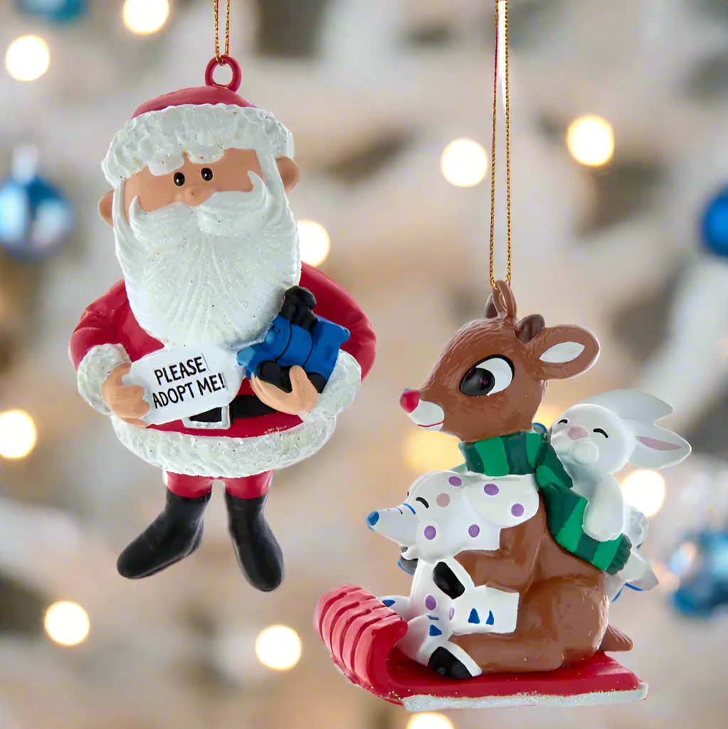 The Canton Christmas Shop Rudolph and Santa Misfit Toys 2 piece ornament set by Kurt Adler 60th Anniversary of TV special