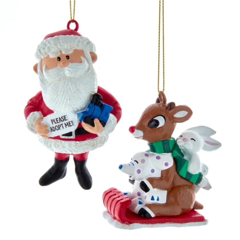 The Canton Christmas Shop Rudolph and Santa Misfit Toys 2 piece ornament set by Kurt Adler 60th Anniversary of TV special