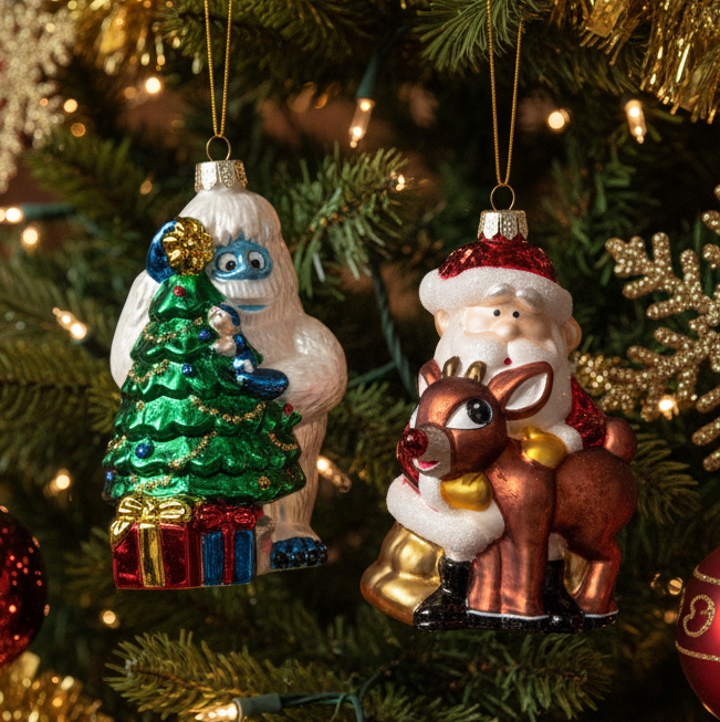 Christmas Cheer All Year Rudolph the Red Nose Reindeer Glass santa and bumble ornaments two assorted
