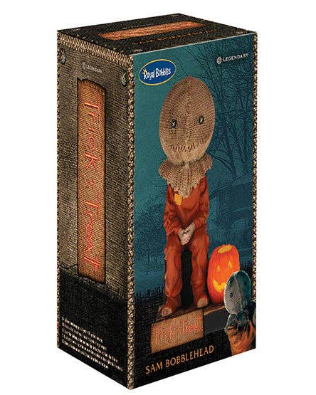 Christmas Cheer All Year Halloween Movie Sam Trick'r'treat film Bobblehead figure of a character with a burlap sack on his head and pumpkin at his feet 