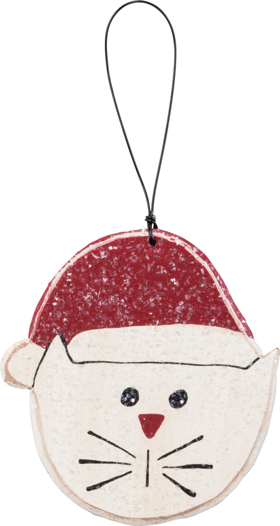 The Canton Christmas Shop Santa hat Cat Christmas Ornament with glittery snow made of wood with wire hanger