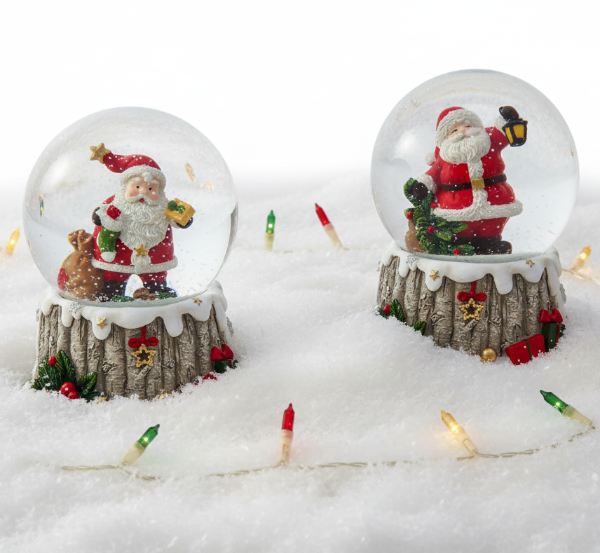 Christmas Cheer All Year Santa Snow Globes with Presents and Lantern Kurt Adler Birch Tree Base