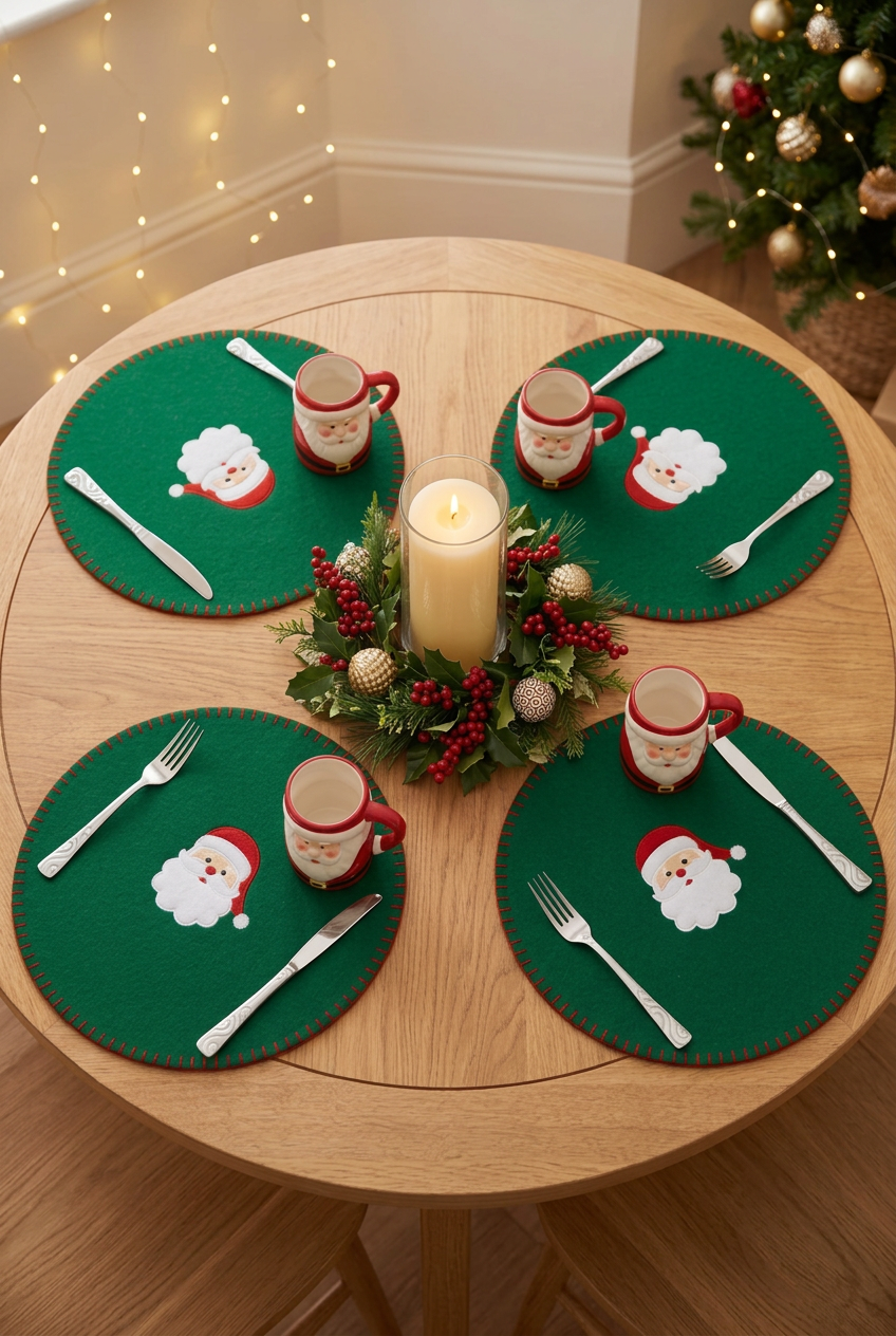 Christmas Cheer All Year retro santa face green felt placemats set of four