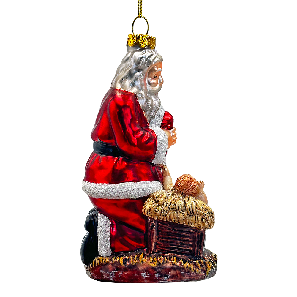 The Canton Christmas Shop Santa Kneeling by Jesus in Manger Glass Ornament Nativity Savior of the World Lamb of God