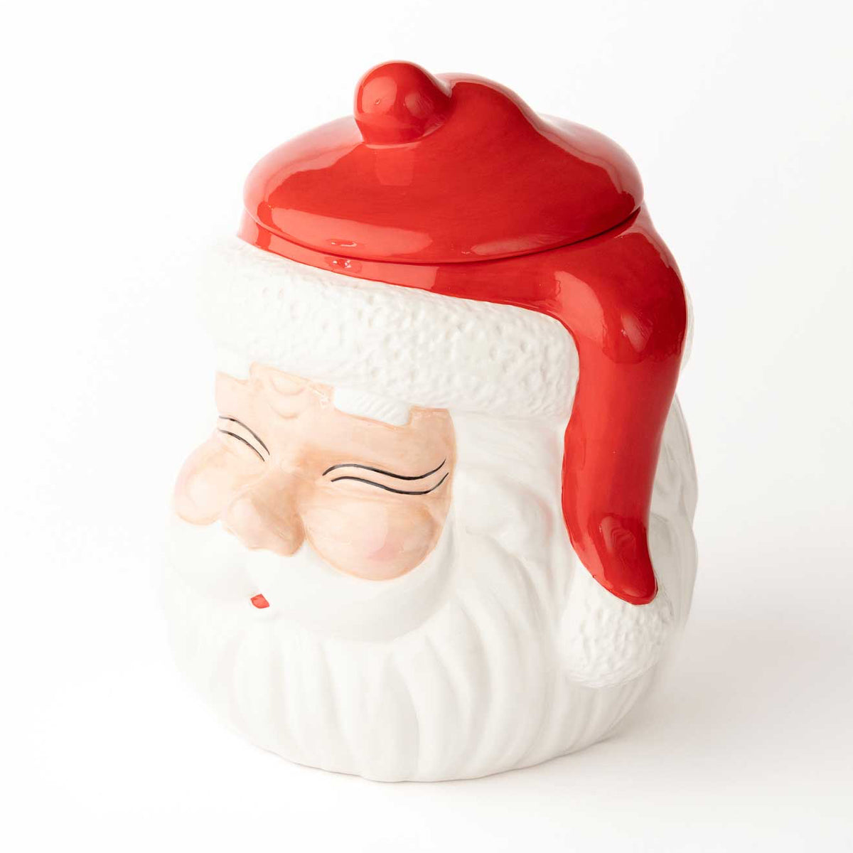 Christmas Cheer All Year Cookie jar shaped like a Santa Claus face with a red hat on a white background
