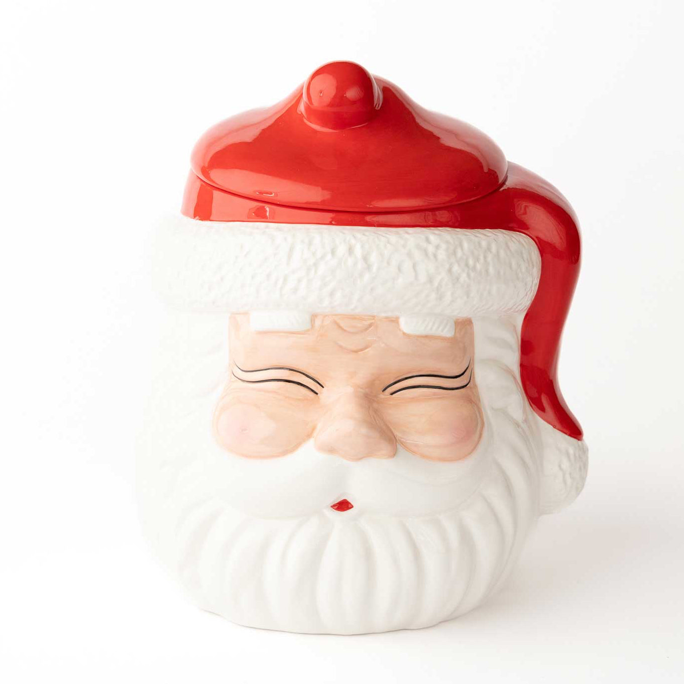 Christmas Cheer All Year Cookie jar shaped like a Santa Claus face with a red hat on a white background