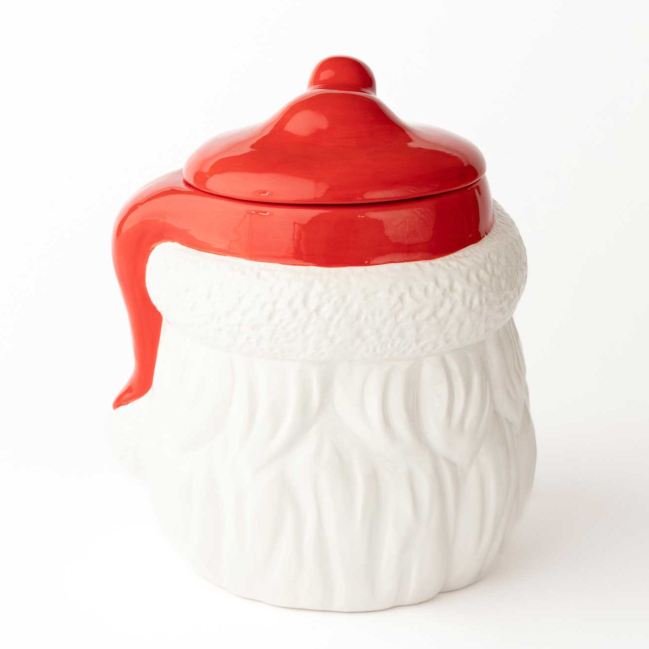 Christmas Cheer All Year Cookie jar shaped like a Santa Claus face with a red hat on a white background
