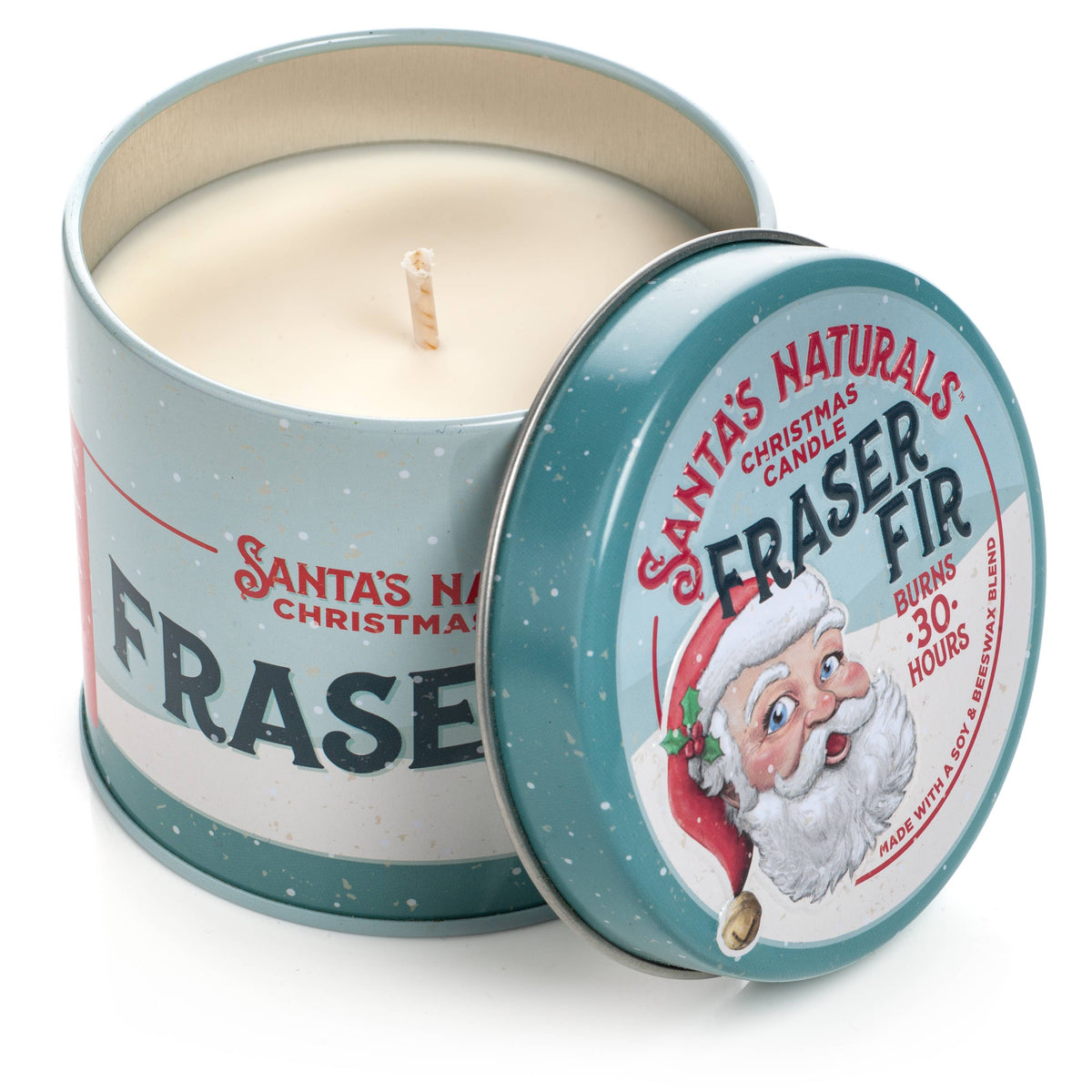 Christmas Cheer All Year Candle in a tin labeled &#39;Santa&#39;s Naturals Fraser Fir&#39; with a festive design.