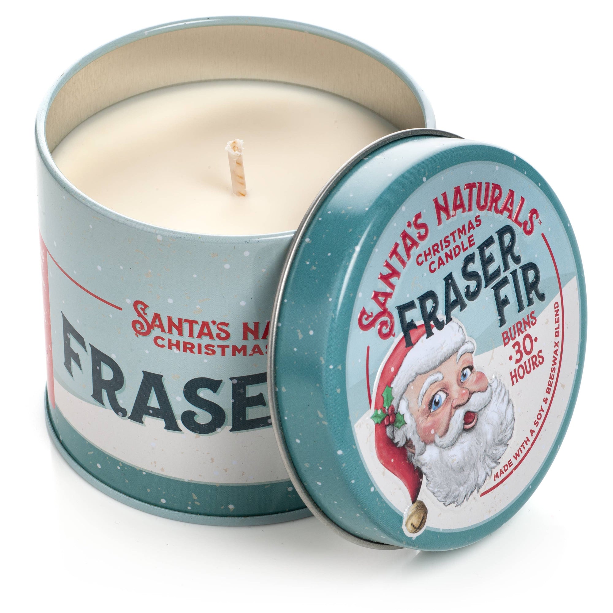 Christmas Cheer All Year Candle in a tin labeled 'Santa's Naturals Fraser Fir' with a festive design.