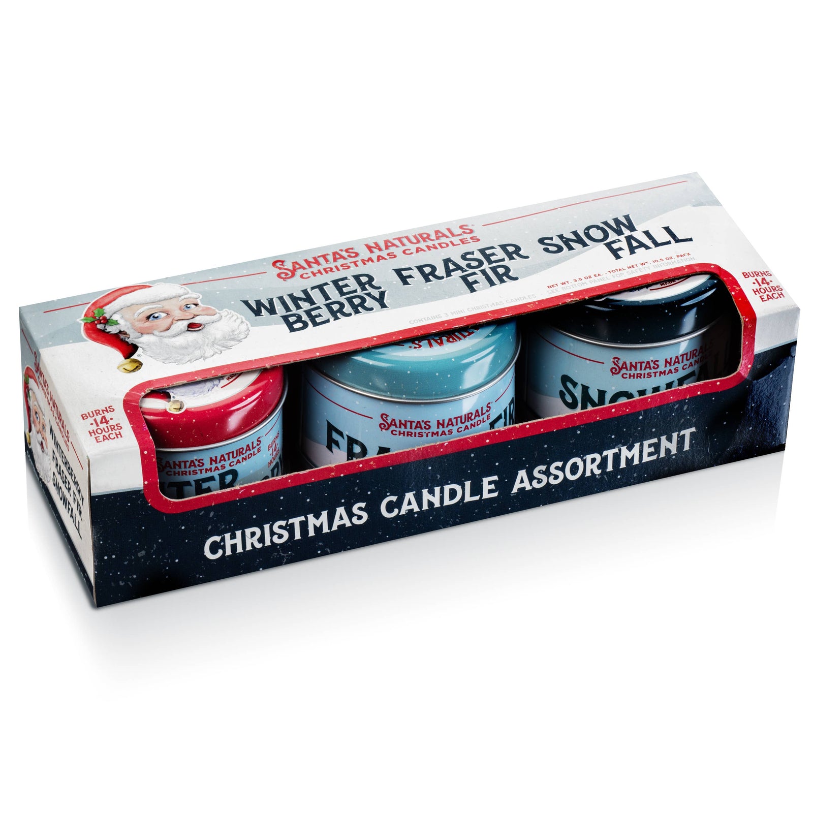 Christmas Cheer All Year Box of Santa's Naturals Christmas candles with various scents on a white background