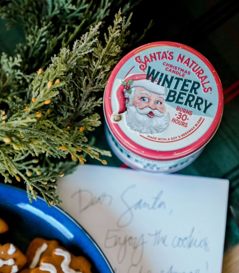 Christmas Cheer All Year Santas Naturals Christmas Candle Winterberry in rustic home setting