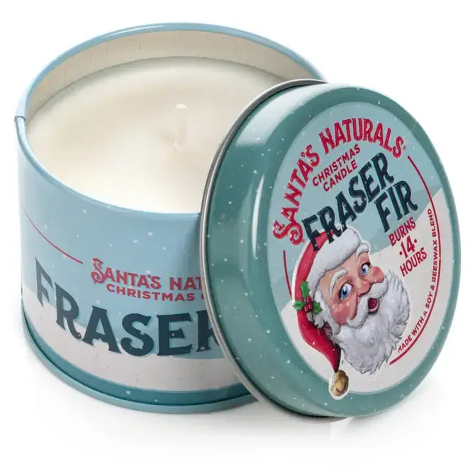 Christmas Cheer All Year Frasier Fir Christmas candle in a tin with Santa Claus design on the lid