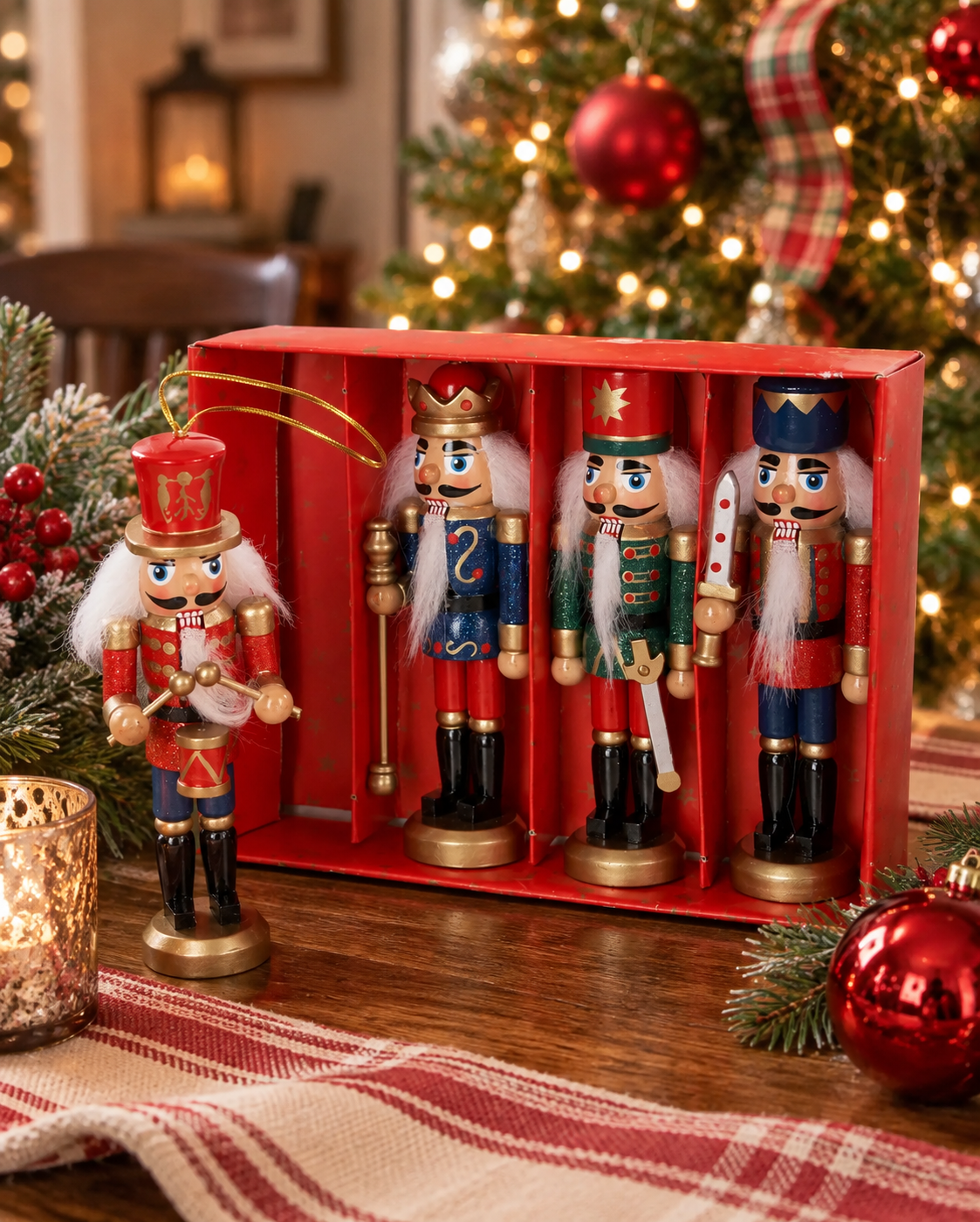 Christmas Cheer All Year Four Christmas nutcracker figurines displayed in a red gift box on a wooden table, with a decorated Christmas tree and holiday ornaments in the background.