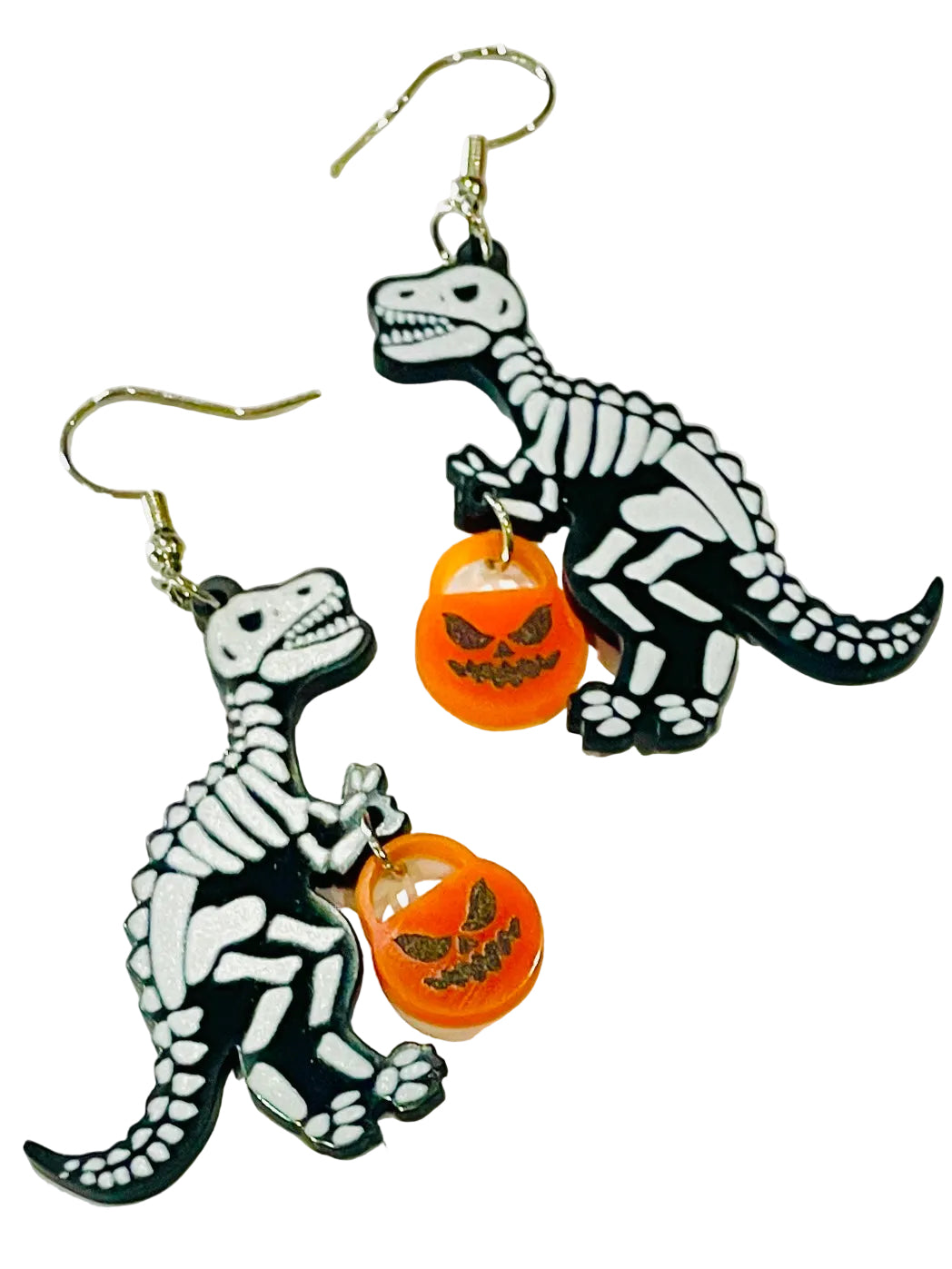 Christmas Cheer All Year skeleton dinosaur Halloween bucket earrings 