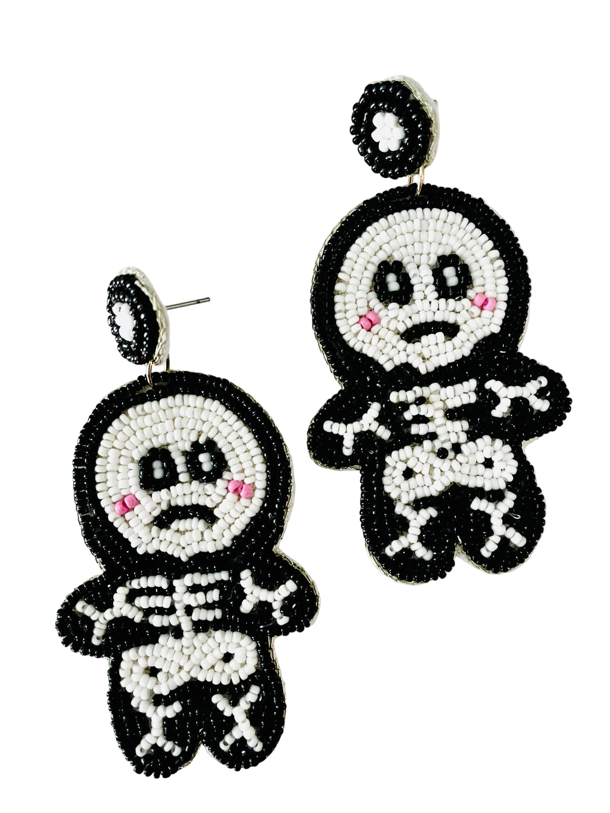 Christmas cheer all year, skeleton seed bead earrings, Halloween, black and white