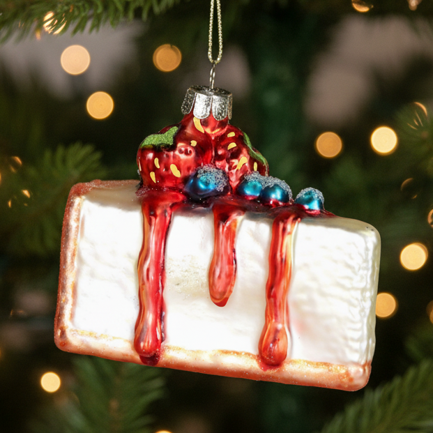 Christmas Cheer All Year Slice of Cheesecake with Strawberries and Glitter Blueberries Dessert Foodie Glass Ornament in Box