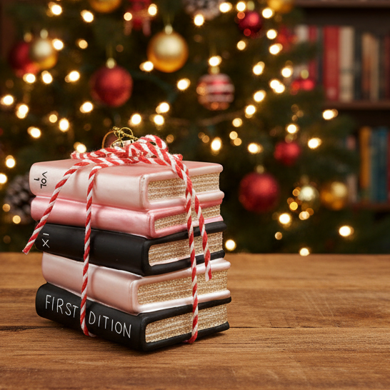 Christmas Cheer All Year stack of books glass ornament tied with ribbon