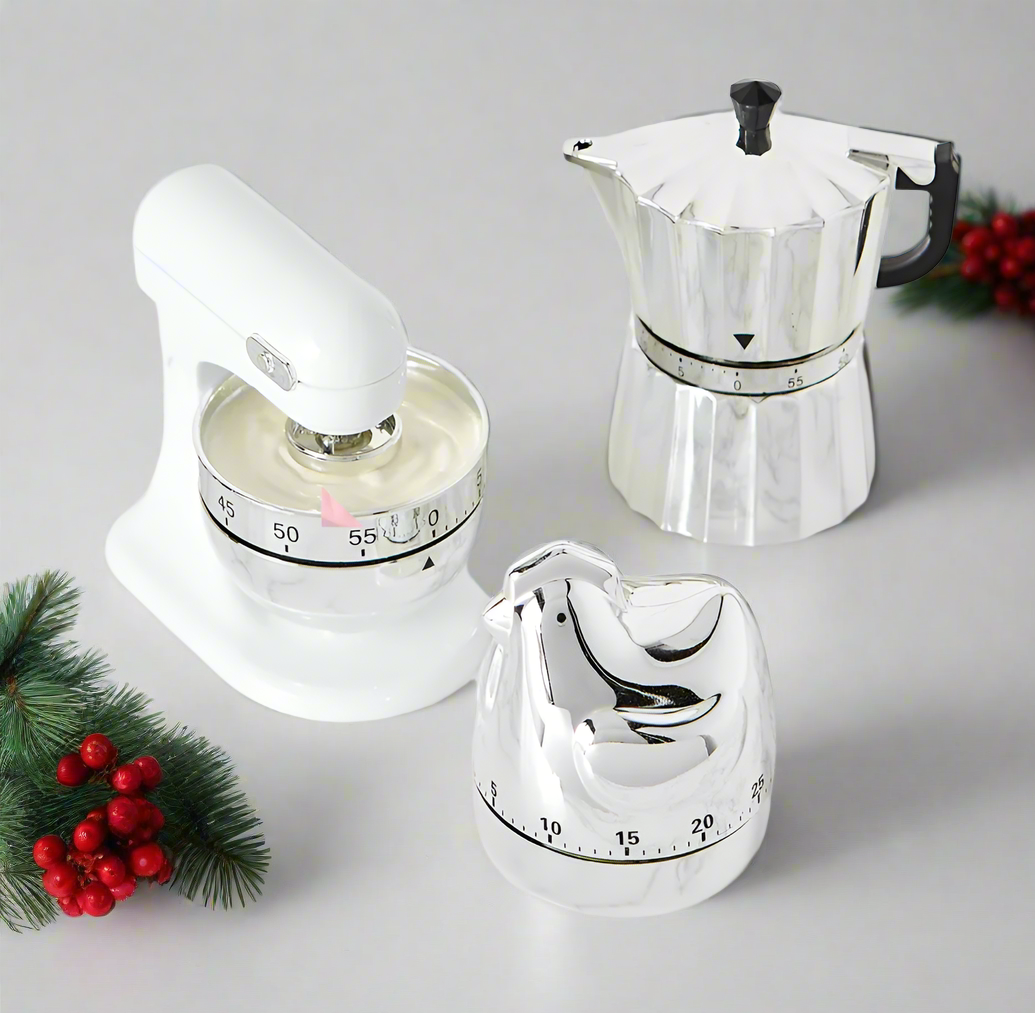 The Canton Christmas Shop Stand Mixer Moka Pot Chicken chrome midcentury style timers