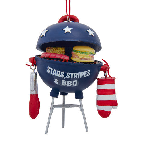 Christmas Cheer All Year Stars Stripes and BBQ Patriotic American USA BBQ grill ornament with oven mitt tongs burgers and hot dogs