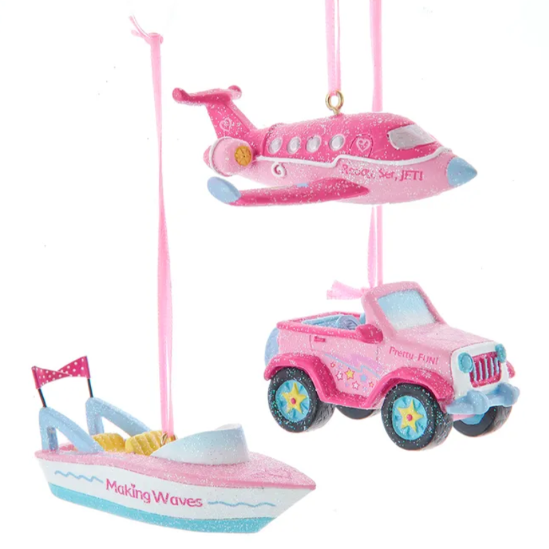 Christmas Cheer All Year Sugared Pink Vehicle Ornaments assorted Plane Boat Car Jeep by Kurt Adler A2282