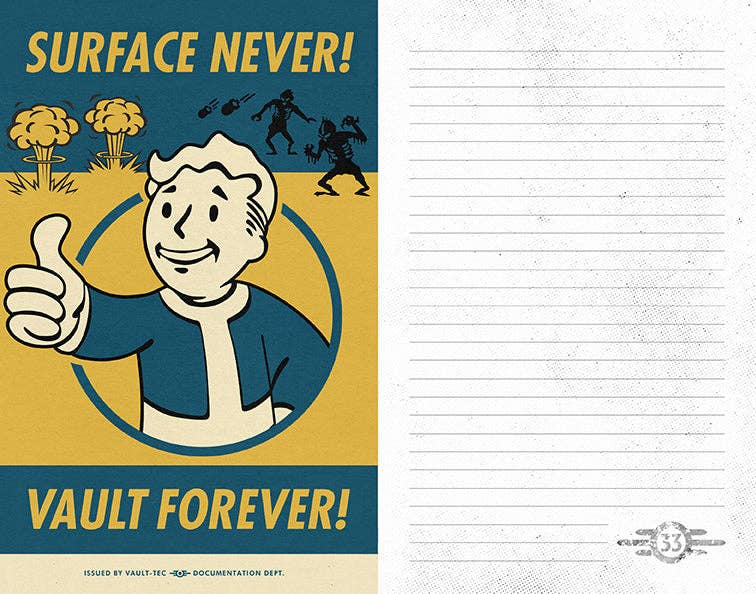 Journal with Vault 33 logo and 'Fallout' branding on a blue background Christmas Cheer All Year